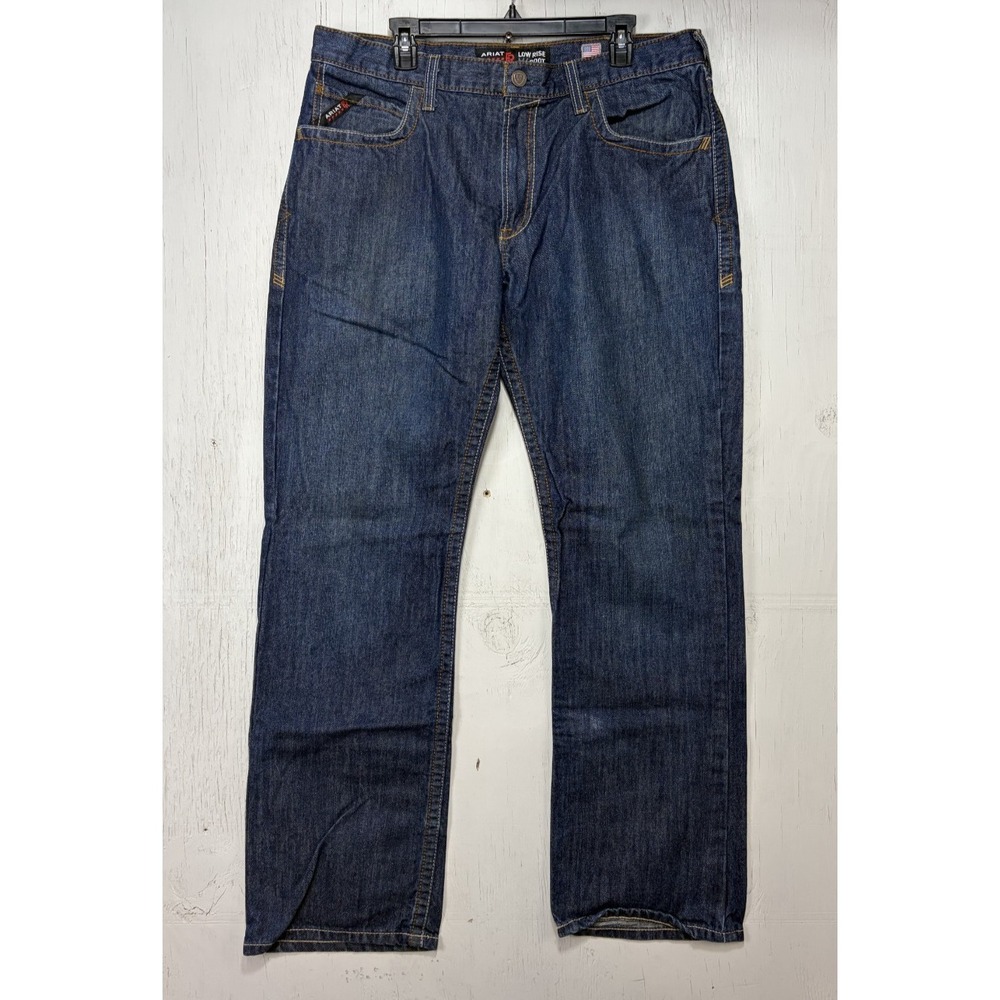 Mens Ariat Jeans FR M4 Low Rise Boot Cut Size 36x34 Blue Cotton Workwear